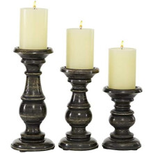 Bougeoirs décoratifs en bois de manguier, aspect vieilli, lot de 3, hauteurs 15, 20 et 25 cm, noir.