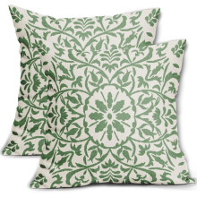 Saliegroene linnen kussenhoezen 16x16 inch, vintage bloemenprint