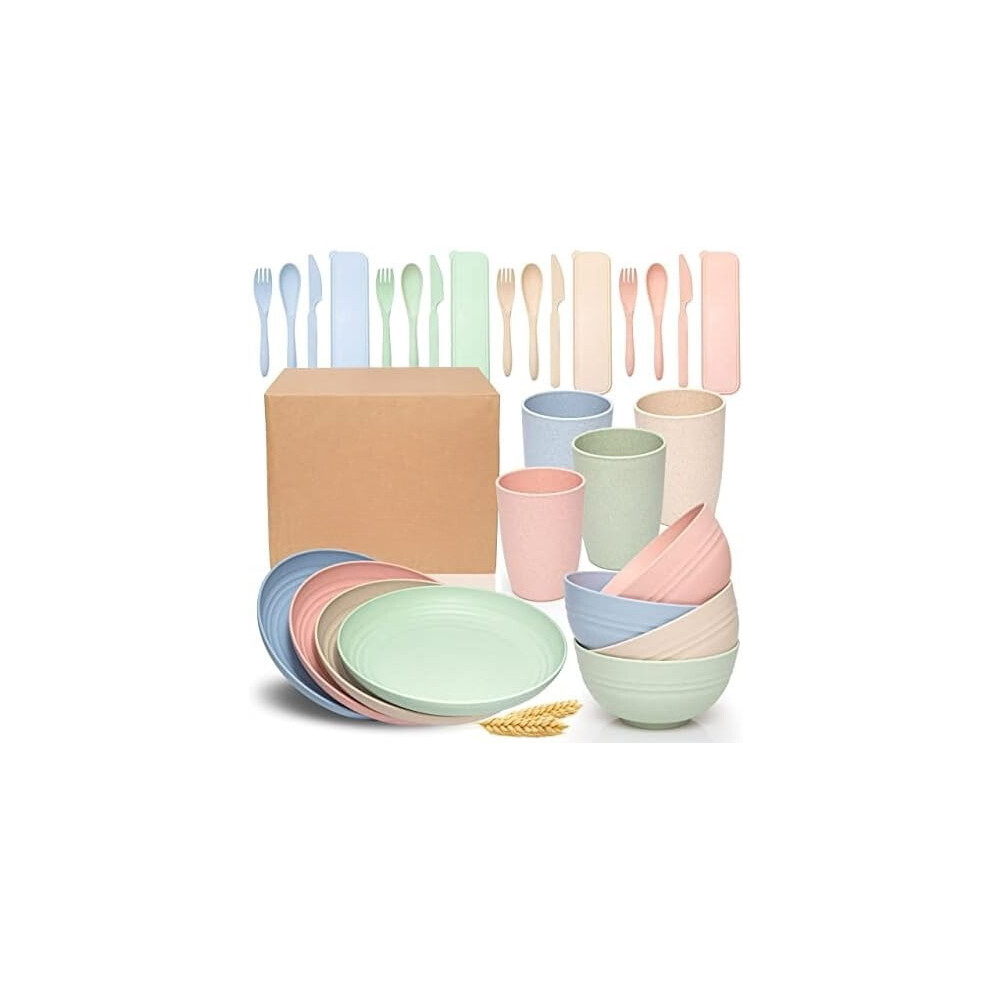 Wheat Straw Dinnerware Set for Kids – BPA Free, Dishwasher & Microwave Safe – Reusable Plates & Bowls for RV/Camping – Compatible with 4