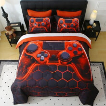 Juego de edredón de 7 piezas para niños, tamaño individual, color naranja, estampado geométrico 3D – Compatible con habitaciones infantiles