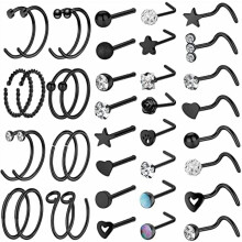 36-42 PCS 20G Black Nose Rings and Studs for Women Men - Piercings Jewelry Hoops Screw
