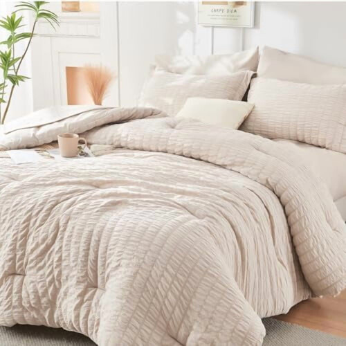 Beige seersucker twin comforter set 5 pieces