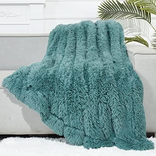 Fuzzy Faux Fur Throw Blanket Twin Size Light Teal