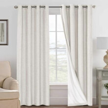 100% Blackout Ivory Linen Curtains, 96" 2-Panel Grommet Drapes for Bedroom & Living Room