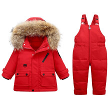 Winter-Daunenjacke für Kleinkinder (Jungen und Mädchen), Baby-Daunenjacke, dicke Daunenjacke, Trägerhose, zweiteiliger Anzug, Rot, 1-2 Jahre