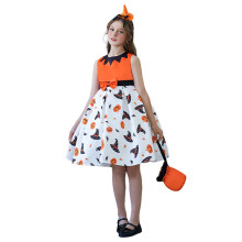 Mouwloze baljurk met Halloweenpompoenprint en strik voor meisjes, oranje, 7-8 jaar
