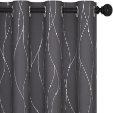 Grey Short Curtains, Blackout & Thermal Insulated, Wave Dots Foil Print, 52x45", 2 Panels, Machine-Washable – Compatible with Nursery/Office