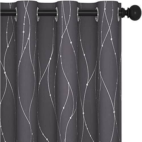 Grey Blackout Curtains with Silver Wave Dots Print, 52x45