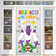 Easter Decorations, He is Risen Door Wall Decoration with Cross & Lamb, Decals for Walls Door