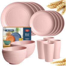 Pink Plastic Wheat Straw Dinnerware Set 16-Pc