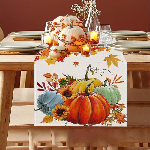 Fall Table Runner 13x72 in Pumpkin Maple Leaf Polyester