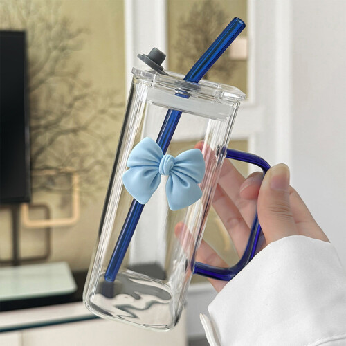 400ml Glass Water Cup with Handle, Lid & Straw