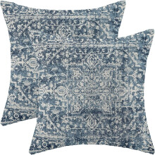 Housses de coussin bohèmes 50x50 cm, lot de 2, motif tapis bleu, design ethnique en lin, style ferme, pour canapé et extérieur.
