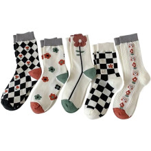 par dameankelsokker kawaii3D blomsterrutete sokker kokett hyttesokker japanske lange kjolebomullssokker