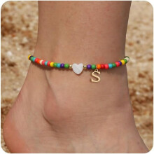 Women's Waterproof Boho Initial Anklet, Beaded Dainty Adjustable Foot Chain with Letter/Heart – Summer Vacation Jewelry Gift