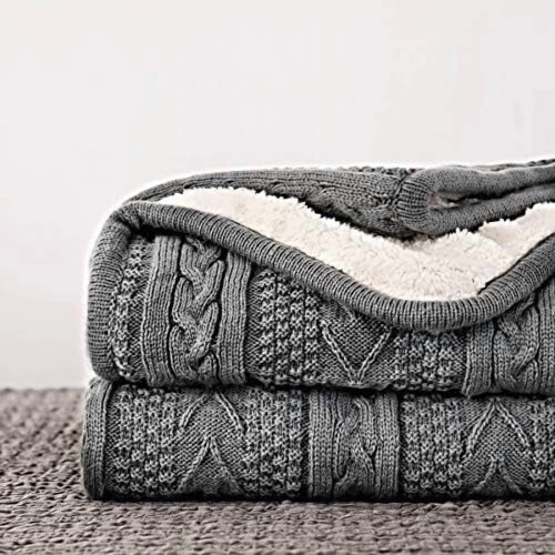 Cable Knit Sherpa Throw Blanket 50 x 63 in Grey