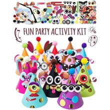 24 Pcs Party Hats Birthday Activity Kit with Stickers - Kids Fun Arts & Crafts. Make Your Own Animal & Monster Theme Party Favors & Game Supplies