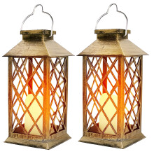 Conjunto de 2 lanternas solares para exterior, luzes solares suspensas para decoração de jardim com vela LED sem chama que simula o efeito de chama