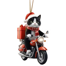 1PC Cat Christmas Ornament with Santa Hat – Cute Black & White Acrylic Tree Decor, Compatible with Xmas Tree & Car Hanging
