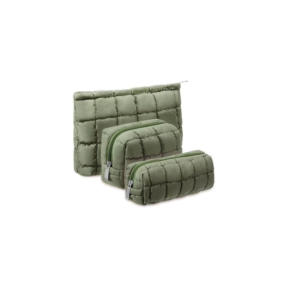 Green 3 Pcs Quilted Puffy Makeup Bag Set For Women Â Checkered Travel Toiletry Pouch, Puffer Organizer, Preppy Zipper Pencil Case