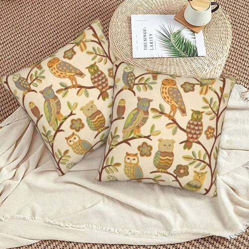 Conjunto de capas de almofada com estampa de coruja em dourado, cobre e verde, 50x50cm (20x20 polegadas).