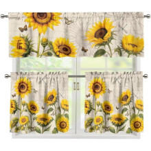 Sunflowers Fall Kitchen Curtains & Valances Set of 3, Short Tier for Small Windows, Compatible with Standard Rods