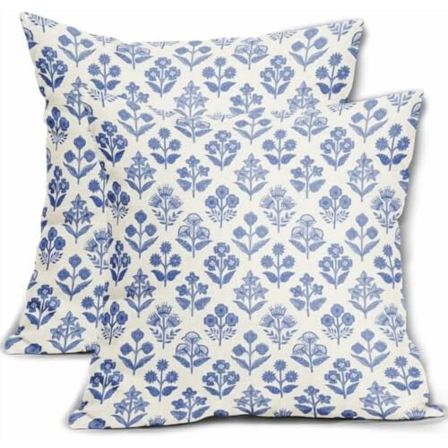 Kussensloop met blauw-groene blokprint, 18x18 inch, polyester
