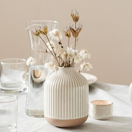 Boho Ceramic Vase 5.4in Rustic White Embossed