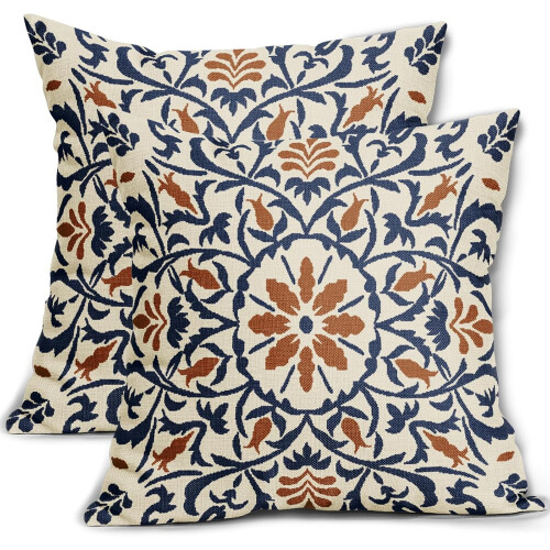 Μαξιλαροθήκες Boho σε μπλε και καμένο πορτοκαλί χρώμα, λινό 20x20 ιντσών