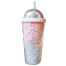 Gourde en plastique arc-en-ciel de 550 ml, double couche de paillettes, avec paille.