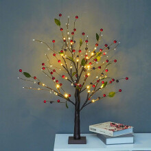 Red Berry Blossom Tree with Lights, 24 LED Beads & 48 Red Berries, Removable Base – Compatible with Christmas & Thanksgiving