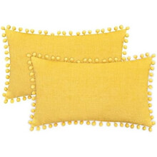 20x12 in Throw Pillow Covers (Pack of 2), Mustard Yellow Chenille Cushion Cases with Pom Poms, Compatible with Standard Pillows