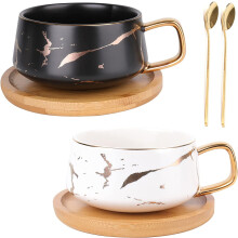 2-Pack 10oz Ceramic Coffee Cups with 304 Spoon & Bamboo Saucer, Marble Espresso Mugs for Latte/Cappuccino/Americano, White/Black