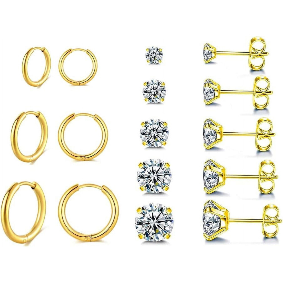 8 Pairs 316L Stainless Steel Stud Earrings Lightweight Small Hoop Earrings Set for Women Men, Gold-image-OPC-PRRYK7C-NEW
