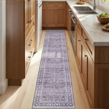 Tapis de couloir fin violet vintage 60 x 300 cm, lavable, antidérapant, en fausse laine à poils courts, idéal pour la cuisine, le couloir et
