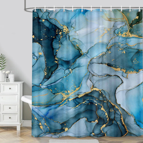 Cortina de chuveiro para banheiro em mármore azul com ganchos, 175 x 190 cm (69 x 75 polegadas). 1