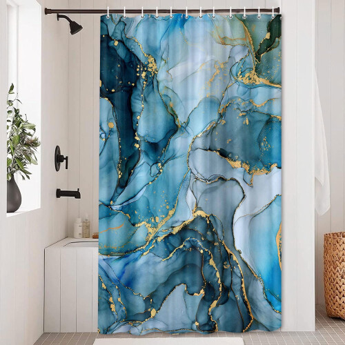 Cortina de chuveiro para banheiro em mármore azul com ganchos, 175 x 190 cm (69 x 75 polegadas). 2