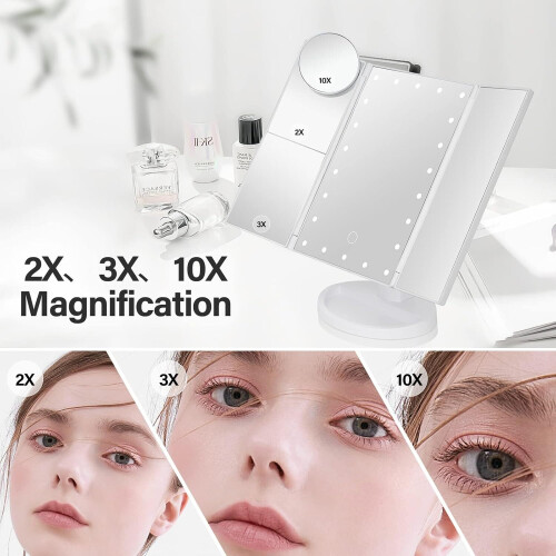 Τριπλός καθρέφτης μακιγιάζ LED με 21 φώτα, 1x/2x/3x/10x 1