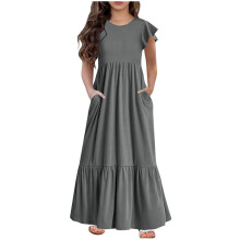 Girls Maxi Dress Short Sleeve Casual Long Dresses with Pockets 6-12 Years