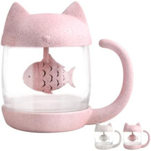 Cat Tea Cup Cute Mug Glass Pot with Fish Infuser for Loose Leaf Tea (Pink 8oz)