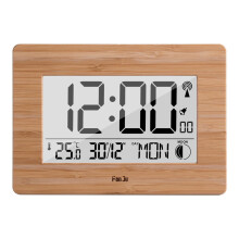 Relógio de parede digital com temperatura, umidade e alarme.