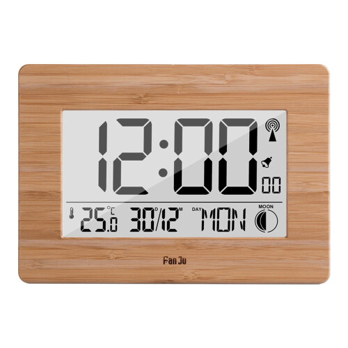 Relógio de parede digital com temperatura, umidade e alarme.
