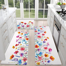 Floral Anti-Fatigue Kitchen Rugs, Waterproof Non-Slip, Cushioned Standing Mats (18"x30", 18"x48", 18"x60"), White