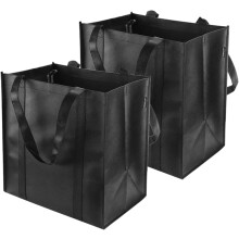 2 Pack Black Reusable Shopping Bags, Foldable & Washable Tote Bags with Hook, Stand Upright, Compatible with Grocery, Picnic, Camping