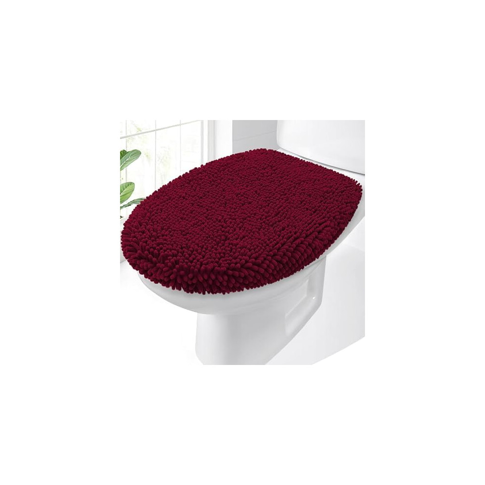 Soft Chenille Toilet Lid Cover, Machine Washable, 17.5X15", Rubber Backing, Fits Round/Elongated/Oblong Lids, Burgundy 9496895073747