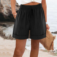 Liquidação de verão! Shorts de linho femininos, modelo casual e folgado com bolsos, cordão e cintura elástica, na cor preta, tamanho 3XL.