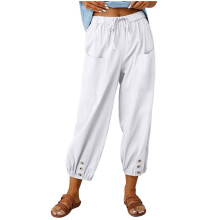 Calça feminina VERUGU, modelo casual de verão, em algodão e linho, com bolsos, cor branca, tamanho XL.