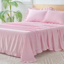 Parure de lit King à carreaux vichy, draps en microfibre brossée ultra-douce et légère, bonnet profond de 40 cm, 4 pièces, style champêtre, rose