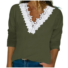 Damen-Tunika in Armeegrün, locker geschnitten, elegant, langärmelig, mit Spitze, V-Ausschnitt, einfarbigem Muster, Polyester, Größe L