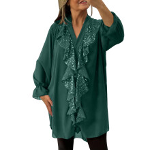 lulshou Langarmshirt für Damen, lässiges, einfarbiges V-Ausschnitt-Pullover-Top mit Knopfleiste, Grün, XXL